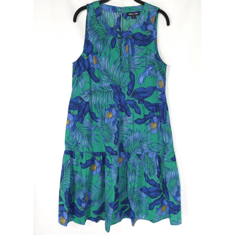 NAUTICA JEANS Women's New 10 Midi Dress Green Blue Tropical Floral Tiered Cotton